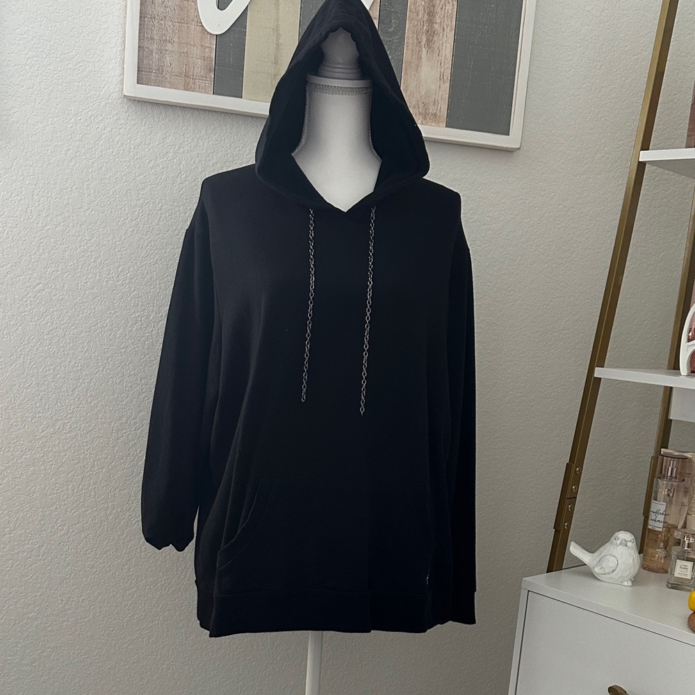 Torrid Active Black Cotton Hoodie with Chain Drawstring and Lace Up Open Back